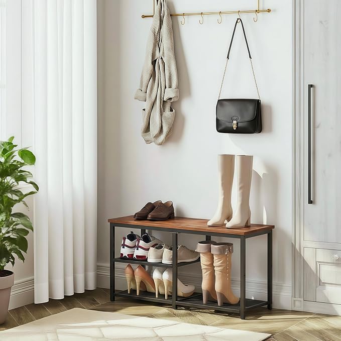 CHEMPFR Shoe Bench with Storage, Shoe Rack Organizer, Spacious Wood Top Entryway Bench, with 300 lb Capacity for Hallway, Living Room, Rustic Brown (3 Tier 31.5″x11.81″x15.74″)