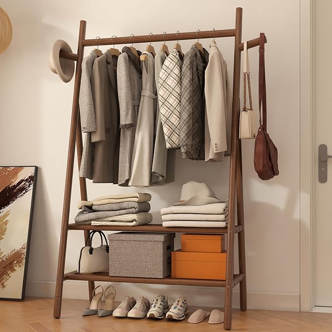 Solid Wood Clothes Rack with 2 Shelves & Hooks, Freestanding Garment Rack & Coat Rack Load 350 Lbs for Hanging Clothes & Organizer, Simple and Practical for Entryway Bedroom Living Room (31.5"W)