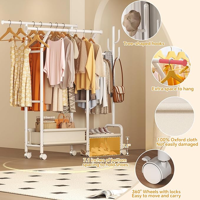 Homeiju Heavy Duty Clothes Rack Load 500LBS, Three Rods Clothing Racks for Hanging Clothes Extendable, Rolling Garment Rack with Sturdy Wheels, Basket, Storage Shelves, White