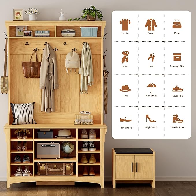 IRONCK 80" H 47" W Large Hall Tree with Bench and Shoe Storage, 6-in-1 Entryway Bench with Coat Rack, Adjustable Shelf, Hanging Hooks, 11 Shoe Cubbies, 2-Tier Top Storage for Entryway and Bedroom, Oak