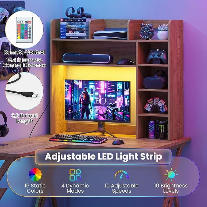 Tangkula Desktop Bookshelf with LED Lights, Desk Hutch with 8 Shelves for Max 25" Monitor, Desktop 5-Tier Display Rack, Multipurpose Wood Desktop Storage Hutch Organizer for Dorm Office Home (Natural)