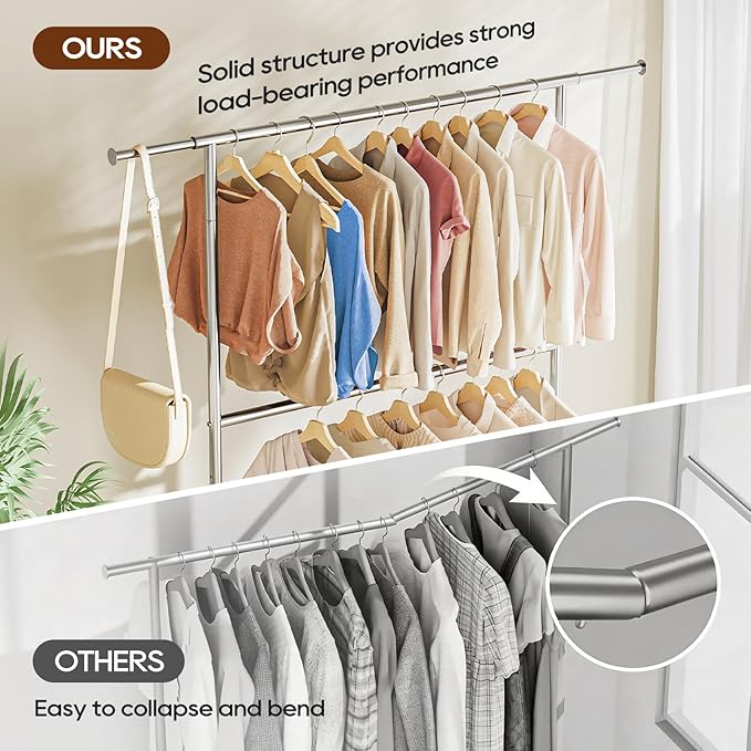 TigerParty Heavy Duty Clothes Rack for Hanging Clothes, Adjustable 2-Tier Rods Garment Rack with 750LBS Load Capacity, Freestanding Clothing Rack with Wheels & Bottom Storage Shelf