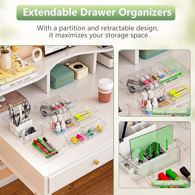 BLULEE 4-Piece Expandable Drawer Organizer Set, Adjustable Clear Bins with Dividers for Kitchen, Bathroom, Vanity & Office, Scalable Trays for Cosmetics, Utensils & Desk Accessories