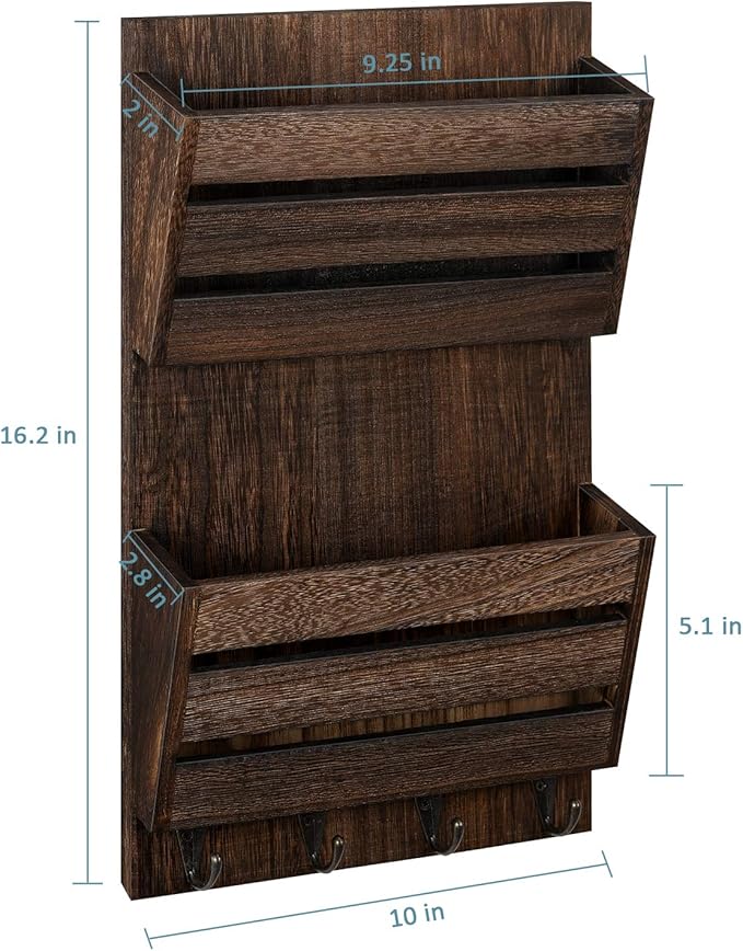 BTY Mail Holder for Wall, Wooden Mail Sorter with 4 Key Hooks, 2 Slot Wall Mounted Mail Sorter Letter Bills Newspaper Magazine Organizer for Entryroom Hallway Office Garage, Rustic Brown