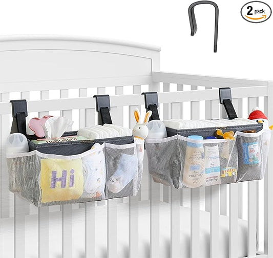 2-Pack Hanging Diaper Organizer for Crib, Playpen, Bassinet | Hold 50+ Diapers, Baby Diaper Caddy for Changing Table, Washable Newborn Essentials Organizer with Hook Straps, Ideal Baby Shower Gifts