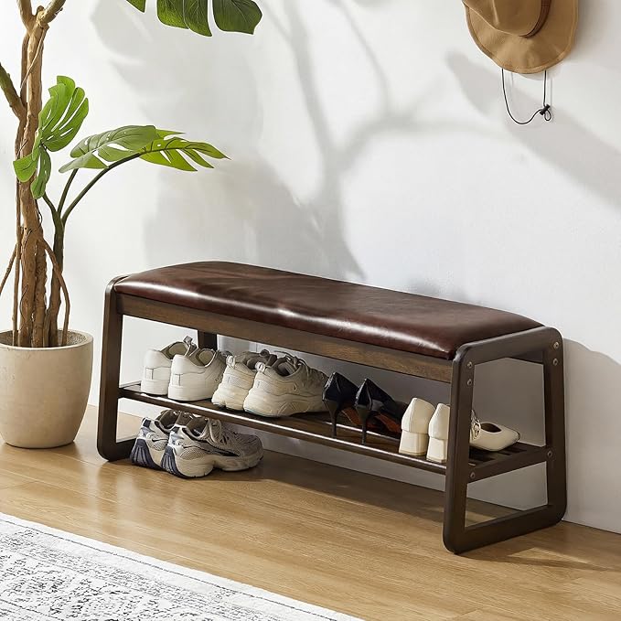 Achicsofar Shoe Rack Bench,2 Tier Solid Wooden Entryway Bench with Shoe Storage, Shoe Rack with Cushion for Living Room, Hallway(Brown, 39.4")