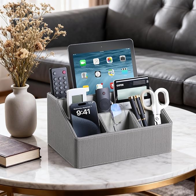 PU Leather Desk Organizer, Luxury Remote Control Holder for Home, Office Desk Accessories Table Caddy Bedside Nightstand Organizer (Grey)