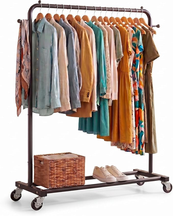 Sywhitta Clothing Rack on Wheels with Storage Shelf & Sturdy Metal Frame, Retail Clothing Rack for Hanging Clothes, Coats, Skirts,Space-Saving Mobile Organizer for Closet, Bedroom, Laundry Room, Black