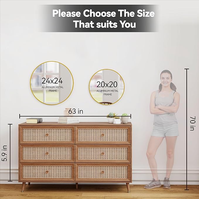 SCWF-GZ 24" Round Mirror Circle Wall Mounted Hanging or Against Wall Metal Frame Dressing Make-up Mirrors for Entryway Bedroom Bathroom Living Room 24 inch Gold