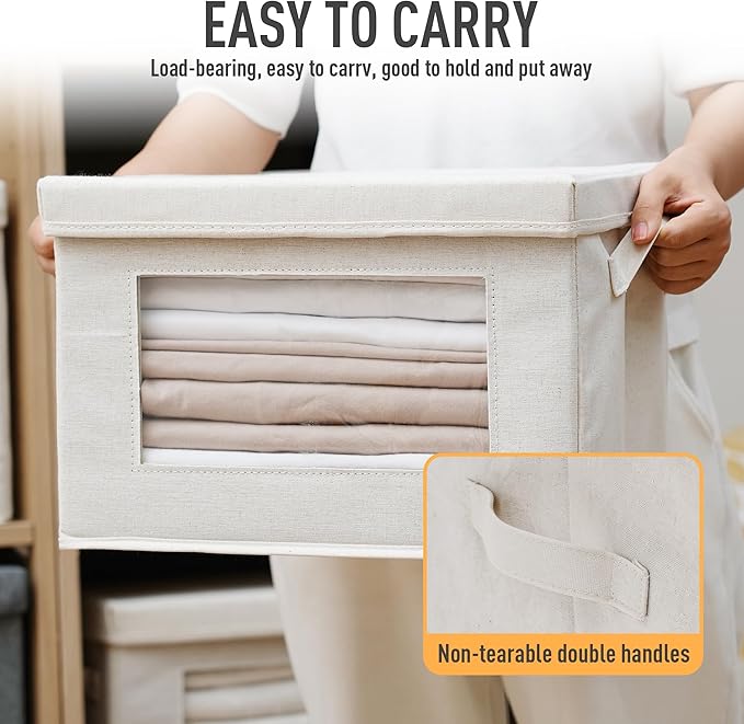4-Pack Storage Bins with Lids, Fabric Foldable Storage Bins with Soft Cord Handles, Cube Closet Storage Baskets with Lids, Organizers for Organizing Clothes and Books, Beige