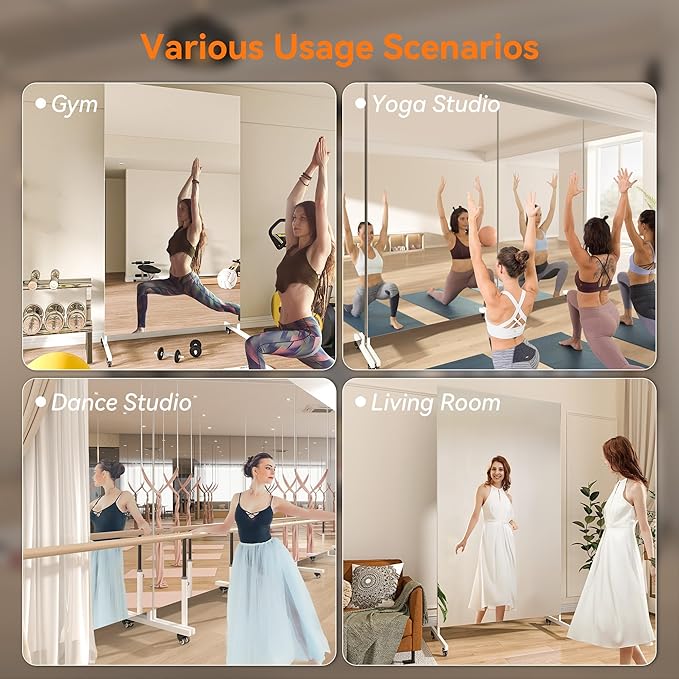 Hasipu Home Gym Mirror 360° Swivel on Wheels, 74.8" x 27.5" Extra Large Full Body Rolling Mirror for Yoga Studio, Bedroom, Dancing Studio, White