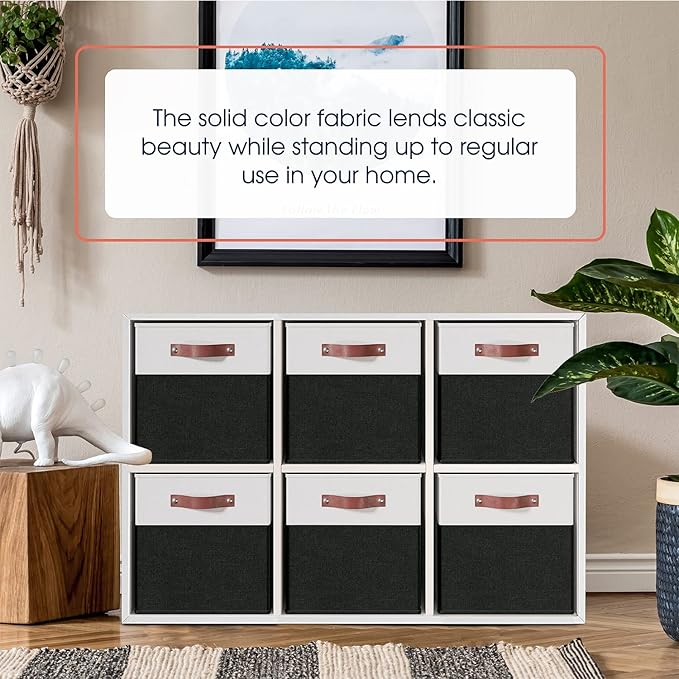 Ornavo Home 13 x 13 Storage Cube Bins, Foldable Collapsible Fabric Storage Bins Box Linen Shelf Basket Cube Organizer for Closet with Leather Handles, 6 Pack, White/Black
