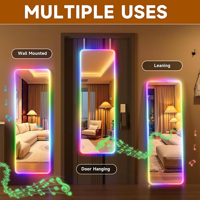 Hasipu 51"x18" LED RGB Door Mirror Full Length with Bluetooth Speaker, Full Body Full Length Over The Door Mirror with Lights, Door Hanging & Wall Mounted Mirror for Bedroom, Living Room, Cloakroom