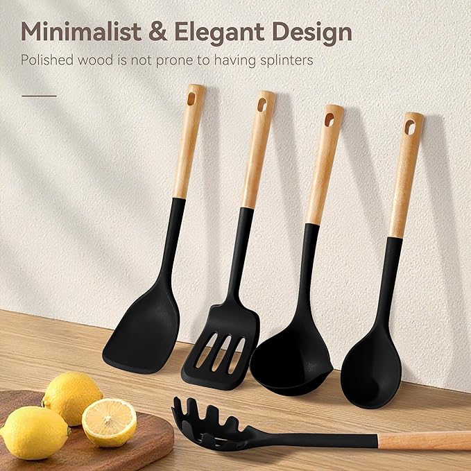 NCUE Kitchen Utensils Set, Large Non-stick Silicone Cooking Utensils Set 6 Pcs, Wooden Handle Heat Resistance Silicone Spatula Soup Ladle Pasta Server Kitchen Gadgets Utensils Set BPA Free (Black)