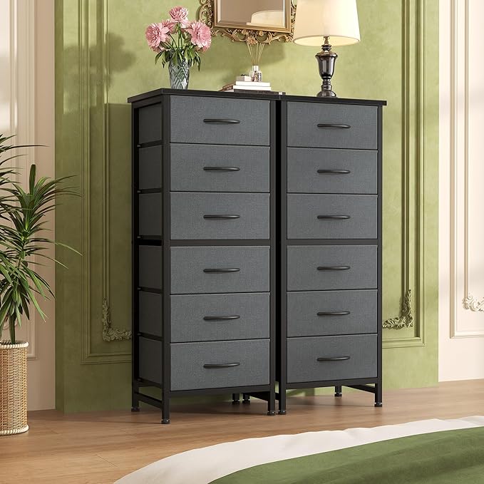 Sweetcrispy Tall Fabric Dresser for Bedroom, 6 Drawer Skinny Chest of Drawers, Narrow Storage Tower with Wood Top and Metal Frame, Vertical Nightstand for Closet, Bedroom Organization Furniture, Grey