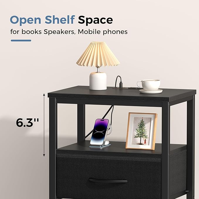 DUMOS 3-Tier Storage, Bed Side Tables with Wireless Charging Station, End Tables with Adjustable Fabric Drawers, Nightstand Set of 2, Modern Design, Black