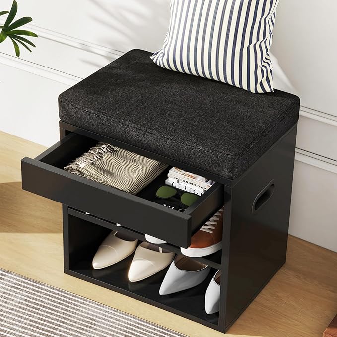 YMYNY Small Shoe Storage Bench with Cushion and Drawer, 2 Tier Adjustable Entryway Bench with Storage, Wooden Shoe Rack Bench for Entryway, Living Room, Hallway, Closet, Bedroom, Black, HSC002B