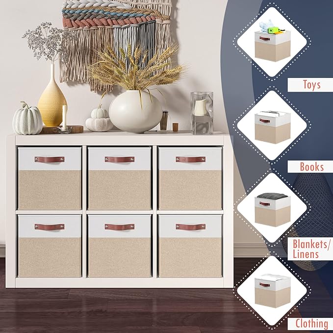 Ornavo Home 13 x 13 Storage Cube Bins, Foldable Collapsible Fabric Storage Bins Box Linen Shelf Basket Cube Organizer for Closet with Leather Handles, 6 Pack, White/Khaki