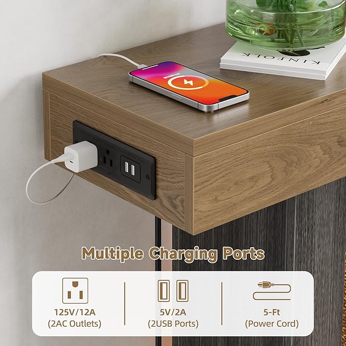 LIFECHOVY 47.2" Farmhouse Wood Entryway Table with Outlet, 2-Tier Console Table with Sensor Light Behind the Couch Sofa, Entrance Side Table for Hallway/Living Room/Foyer, Natural Oak&Grey