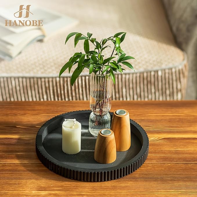 Hanobe Decorative Tray for Coffee Table: 12" Black Round Centerpiece Tray for Home Decor - Wood Modern Farmhouse Decor for Living Dining Room Kitchen Island Tabletop