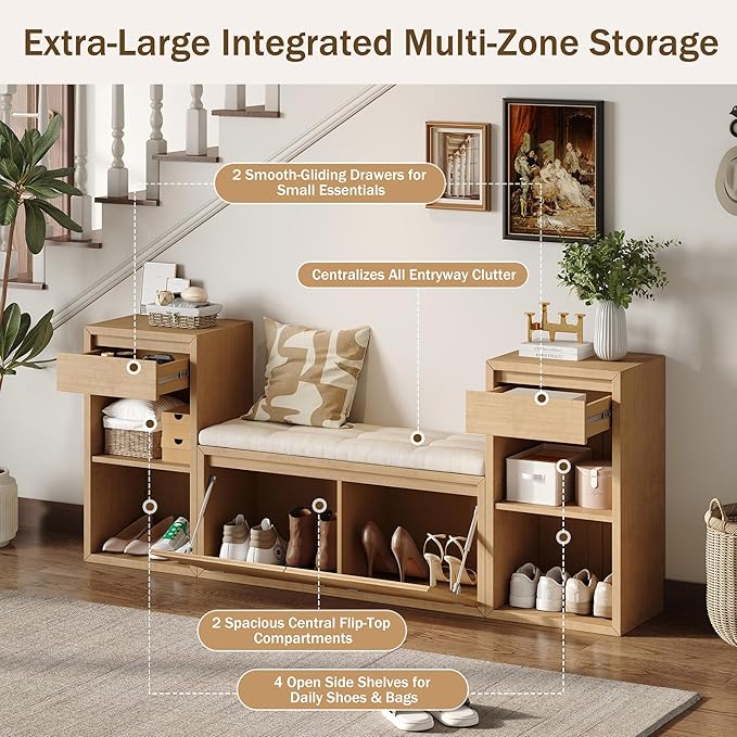 Merax All-in-One Shoe Storage Bench with Cushion & Flip Compartments, Entryway Bench with Drawers and Open Shelves, Solid Wood Storage Bench for Mudroom Hallway Living Room, Rustic Brown