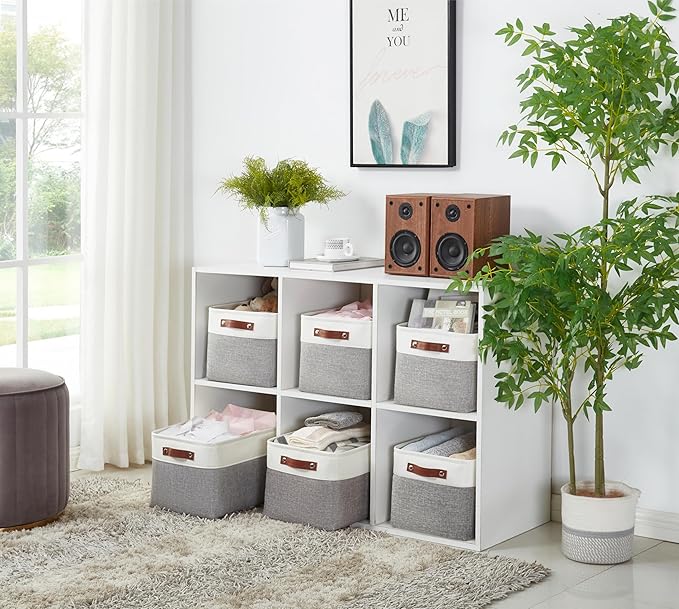 DECOMOMO Storage Bins, Large Fabric Storage Baskets for Shelves, Decorative Linen Closet Organizer, 15 x 11 x 9.5 inches (Grey & White, 3 Pack)
