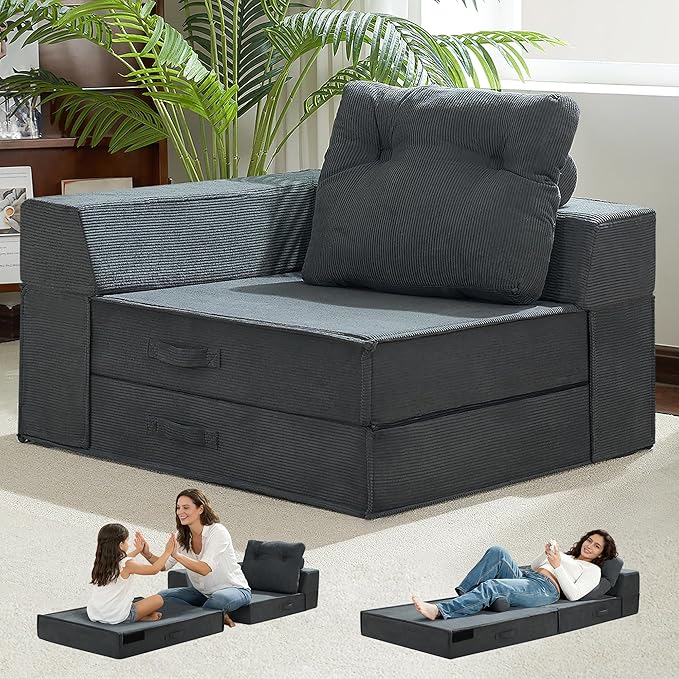 Folding Sofa Bed, 4 in 1 Convertible Sleeper Chair with Pillow, Standard Memory Foam Fold Out Chair Bed, Modern Floor Futon Sofa Couch Mattress for Living Room/Guest/Apartment, Black Grey