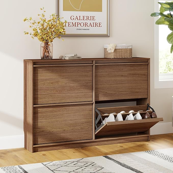 Shoe Cabinet with 4 Flip Drawers, Modern Narrow Shoe Storage Cabinet Organizer with Adjustable Shelf, Hidden Freestanding Shoe Rack for Entryway, Hallway, Living Room, Walnut