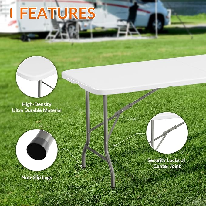 Elevon Folding Table Set with 8 Black Folding Chairs,6 Feet Heavy Duty Fold-in-Half Utility Table Sets for Picnic, Event, Training, Outdoor Activities, at Home and Commercial Use