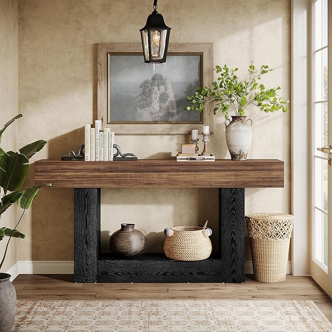 Tribesigns 63-Inch Long Console Table, 2-Tier Entryway Table Sofa Table with Storage, Farmhouse Wood Behind Couch Table for Living Room, Hallway, Rustic Brown & Black