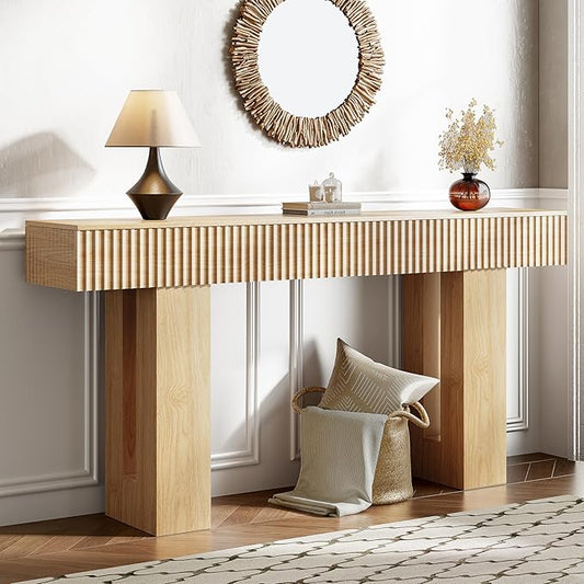 63-Inch Long Entryway Console Table with a Fluted Design, Thick Wood Farmhouse Sofa Table Behind Couch, Narrow Hallway Accent Table for Living Room, Foyer, Entrance, Natural Oak