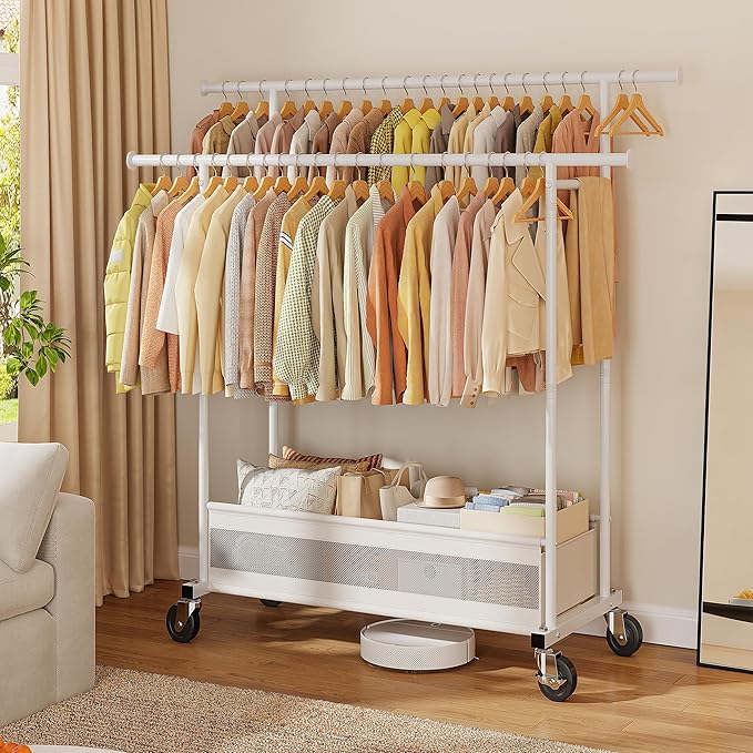Clothes Rack Clothing Racks for Hanging Clothes, Rolling Clothes Rack Portable Clothing Rack, Double rod clothing rack with Storage Basket, Garment rack for Bedroom, Laundry Room, White