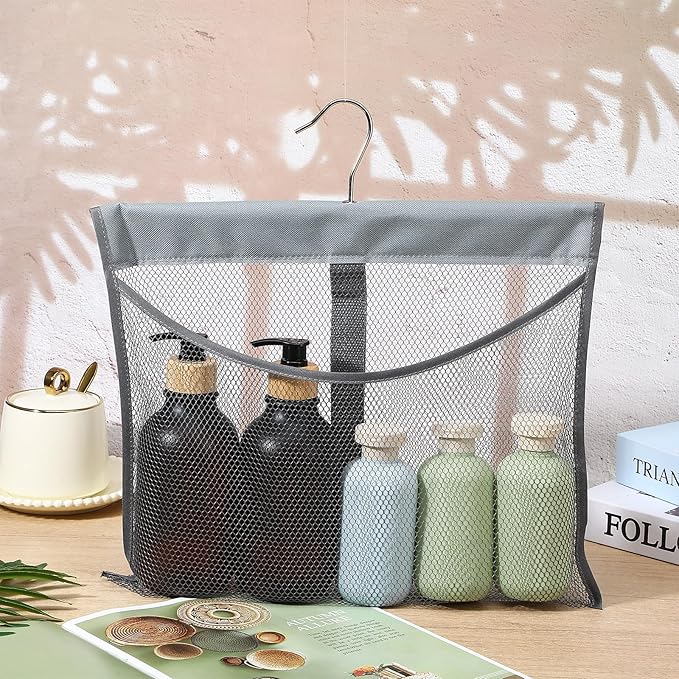 Mesh Shower Caddy Portable Shower Bag with Rotatable Hanger Quick Dry Hanging Toiletry Organizer Mesh Bath Toy Holder for Travel Gym Bathroom Dorm Essentials (Gray)