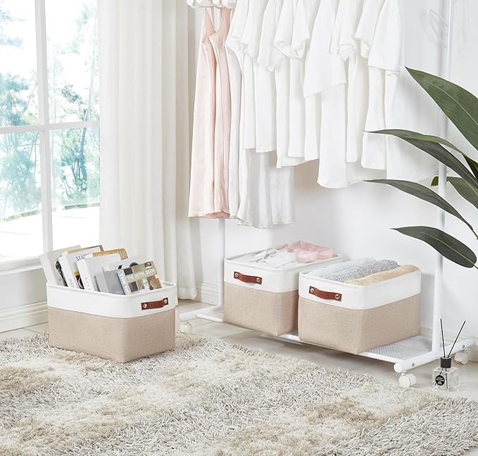 DECOMOMO Storage Bins, Large Fabric Storage Baskets for Shelves, Decorative Linen Closet Organizer, 15 x 11 x 9.5 inches (Beige & White, 1 Pack)