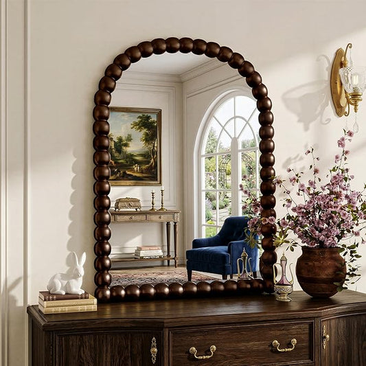 30"×38" Brown Arched Bathroom Vanity Mirror, Vintage Beaded Decorative Wall Mounted Makeup Mirror, as Wall Decor Hanging Leaning for Fireplace Mantle, Living Room, Bedroom, Vanity Area