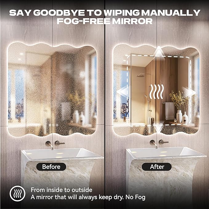 Hasipu Wavy Full Length Mirror with Lights - 36"×36" LED Wavy Floor Mirror, Frameless, Dimmable, Standing or Vertical/Horizontal Wall-Mounted Mirror for Bedroom, Living Room, Cloakroom