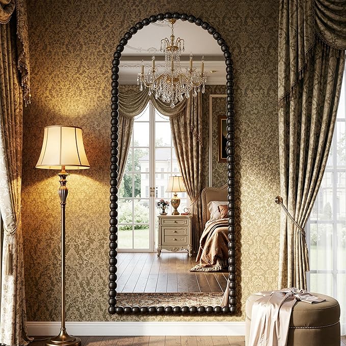 Antok 58" x 21" Arched Full Length Mirror, Antique Beaded Frame Floor Standing or Wall Mounted Mirror with Stand for Bedroom, Entryway, Black, Luxury Style
