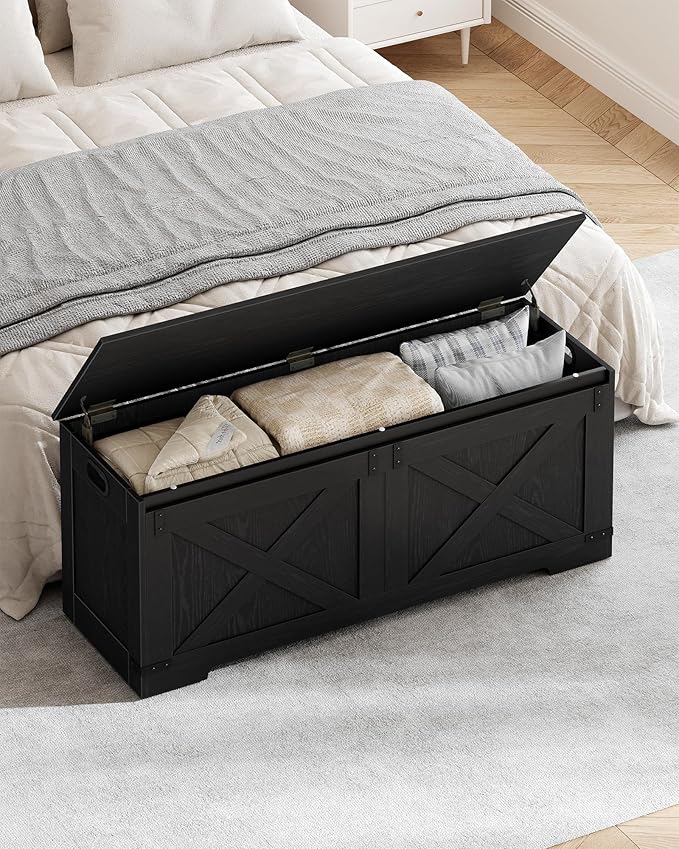Hzuaneri 47.2" Storage Chest, Large Storage Trunk with 2 Hinges, Farmhouse Wooden Box Bench, Lift-Top Organizer Chest, Entryway Trunk for Bedroom, Living Room, Black SB12104X