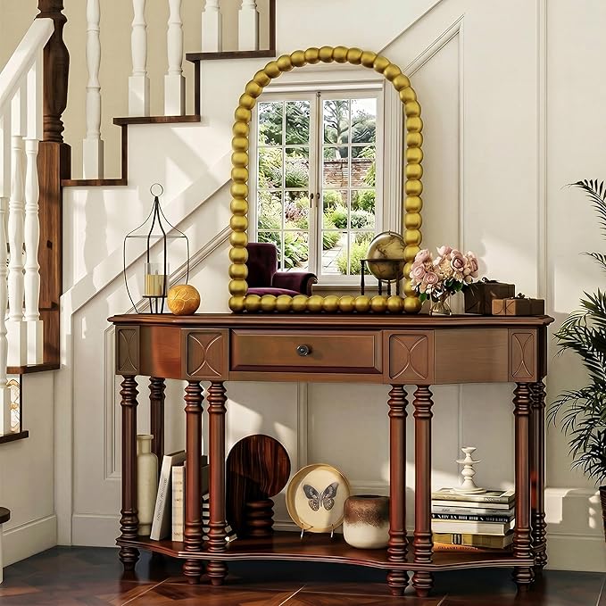 22"×30" Gold Arched Bathroom Vanity Mirror, Vintage Beaded Decorative Wall Mounted Makeup Mirror, as Wall Decor Hanging Leaning for Fireplace Mantle, Living Room, Bedroom, Vanity Area