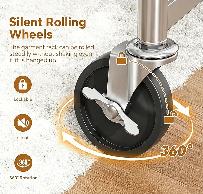 Simple Trending Heavy Duty Clothes Rack, Garment Rack with Extendable Side Rods & Botton Shelves, 25mm Metal Clothing Rack with Wheels, Bedroom, Laundry Room, Silver