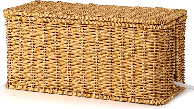 Large Cable Management Box, Handwoven Imitation Rattan Cord Organizer Cord Hider Box, Desk Cord Management Box to Hide Cords and Power Strips, 13.5" L x 6.2" W x 6" H, Natural