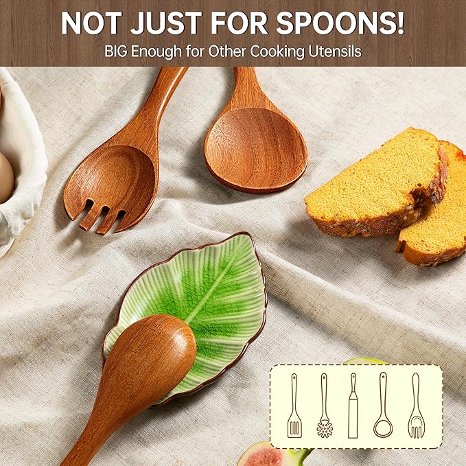 Wooden Utensil Set 11 Pcs - Natural Non-Toxic Acacia Wooden Spoons for Cooking, Nonstick, Sturdy, Easy to Clean, Wood Kitchen Utensils Set with Ceramic Spoon Rest & 10 Hooks, Ideal for Gifting