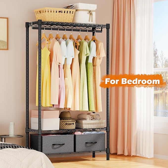 M MZG Heavy Duty Rolling Garment Rack 3 Tiers Adjustable Wire Shelving with Rod, Storage Closet Clothing Rack with Drawers Dark Grey, 15.8" D x 35.5" W x 72.4" H