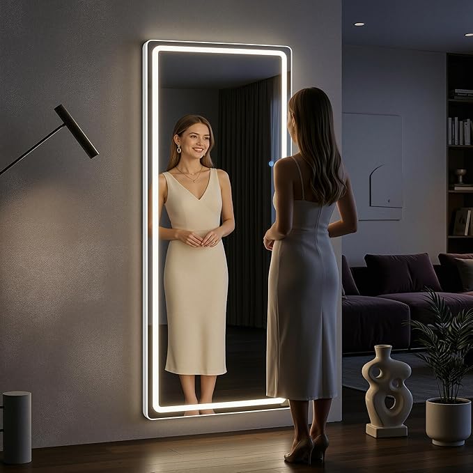 71"x32" Full Length Mirror with LED Lights, Dimmable Lighted Floor Mirror with 3 Color Lighting & Touch Control, Standing or Wall Mounted Full Body Mirror for Bedroom Dressing Room, White