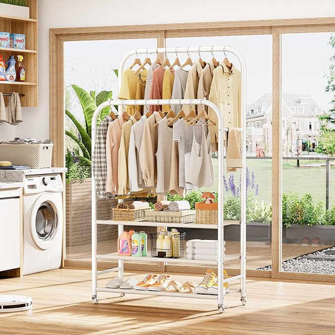 HOMIDEC Double Rods Clothes Rack Clothing Rack with 3 Tier Storage Shelves Clothes Rack for Hanging Clothes Multifunctional Heavy Duty Clothes Organizer for Bedroom,Wardrobe Closet,Shop,White