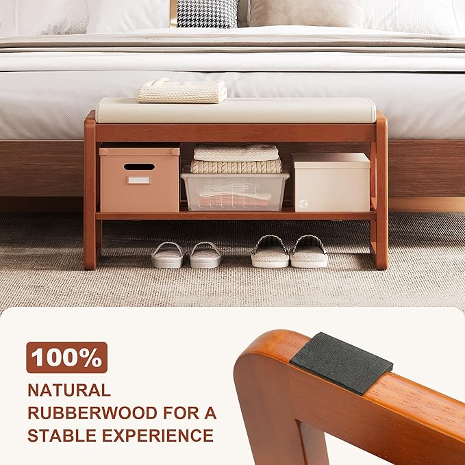PETKABOO Shoe Bench Storage Rubberwood with Leather Cushion 31.5", Waterproof Easy to Clean 550LBS Organizer Shoe Rack for Entryway, Hallway, Mudroom, Front Door