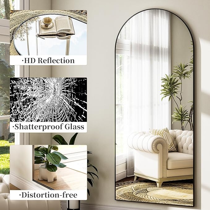 Arched Full Length Mirror 64"x21", Floor Standing Body Mirror with Aluminum Frame,Leaning Hanging for Bedroom Cloakroom Living Room Black