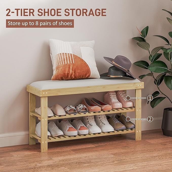 HOMCOM Bamboo Shoe Bench, 3-Tier Entryway Bench with Storage and Cushion, Shoe Organizer for Entryway, Hallway, Holds Up to 331 lbs, 35.4 x 11.4 x 19.3 Inches, Natural