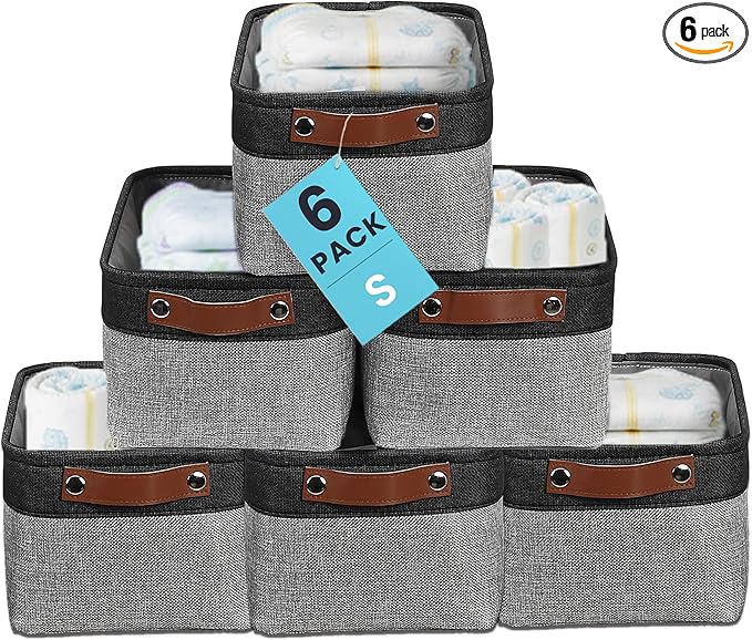 OrganiHaus 12x8in Canvas Storage Baskets 6 Pack | SMALL Fabric Bins for Shelves | Pantry & Bathroom Organizer | Gray/Black
