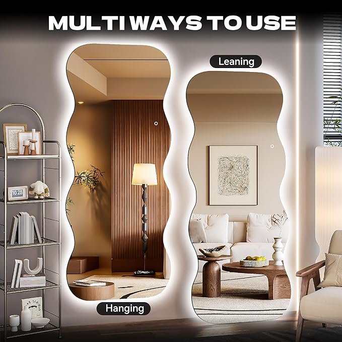 Hasipu Wavy Full Length Mirror with Lights - 94"×39" LED Wavy Floor Mirror, Frameless, Dimmable, Standing or Vertical/Horizontal Wall-Mounted Mirror for Bedroom, Living Room, Cloakroom